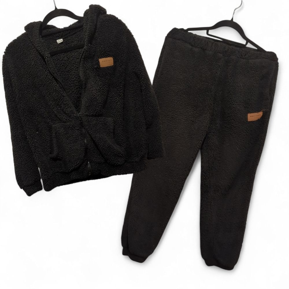 Black Fuzzy Zip‎ Up Hooded Lounge Set - Youth 11/12